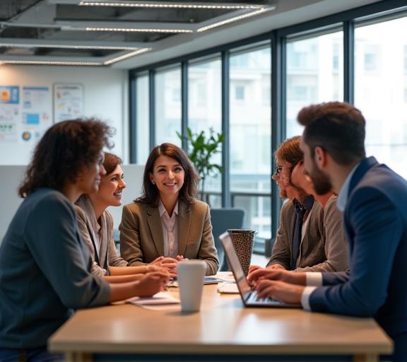 Pasukan Lembah Langit berbincang di pejabat moden mereka.